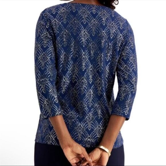 JM Collection Ladies' Intrepid Blue Jacquard Keyhole Sz S NWT🏷 gold accents - Picture 2 of 15